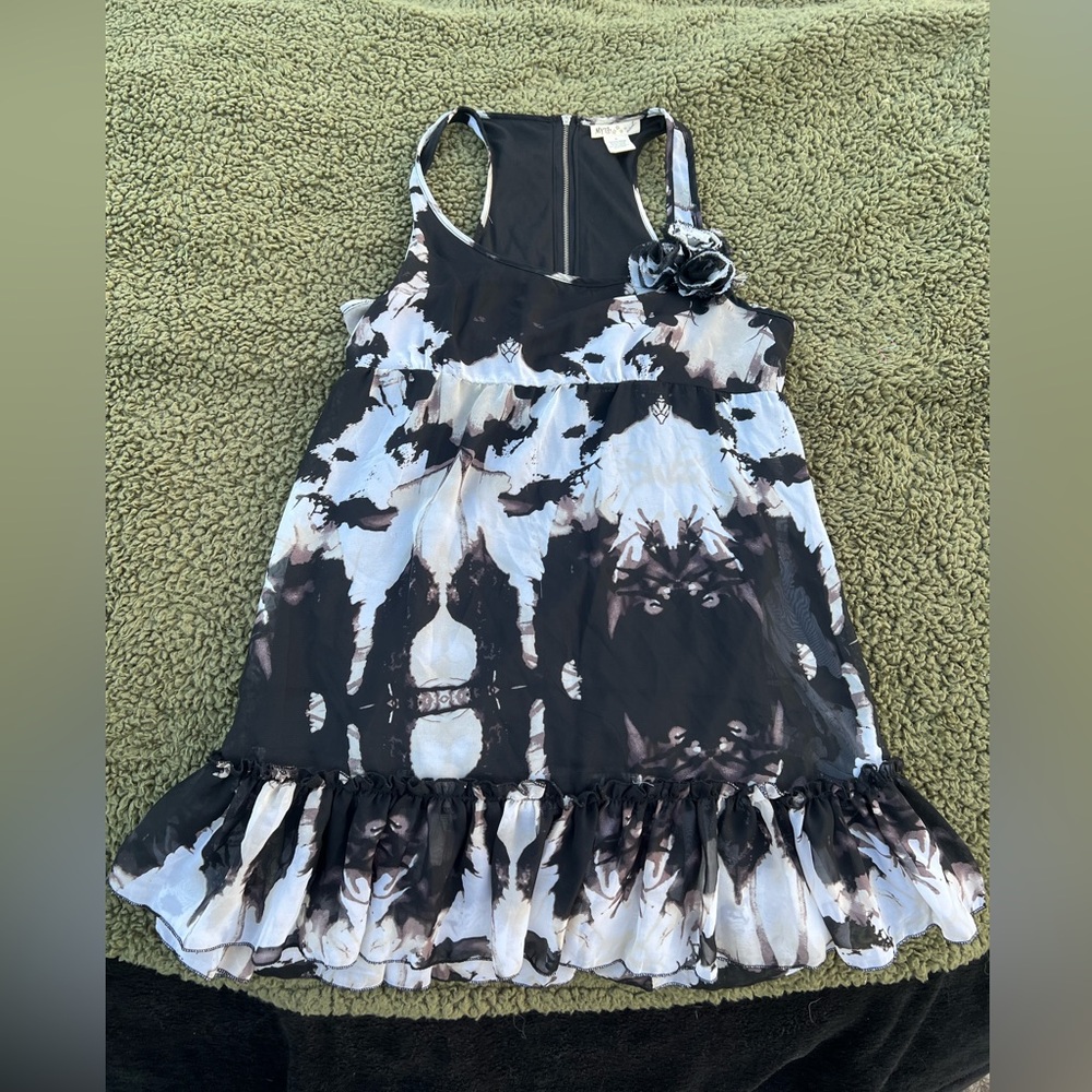 Myth Black/Cream Pattern Mini Dress with Rosette Details Size Medium